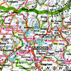 North Korea and South Korea, Road and Shaded Relief Tourist Map.