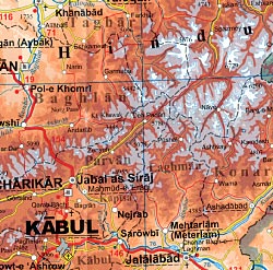 Afghanistan Road and Physical Tourist Map plus Kabul and Cities.