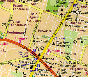 Yogyakarta, Road and Shaded Relief Tourist Map, Indonesia.