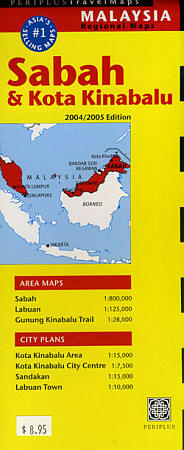 Sabah State, Road and Tourist Map, Malaysia.