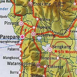 Sulawesi, South, Road and Shaded Relief Tourist Map, Indonesia.