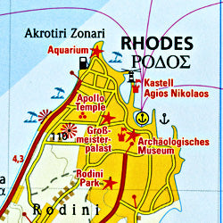 Rhodes Island, Road and Topographic Tourist Map, Greece.