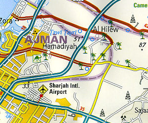 United Arab Emirates, Bahrain and Qatar Road and Topographic Tourist Map.