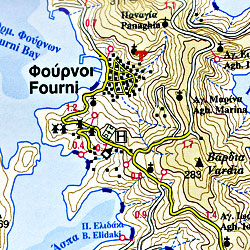 Ikaria and Fourni Islands Road and Physical Tourist Map, Greece.