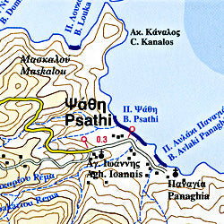 Ios Island, Road and Physical Tourist Map, Greece.