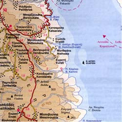 Kefalonia and Ithaca Islands, Road and Physical Tourist Map, Greece.