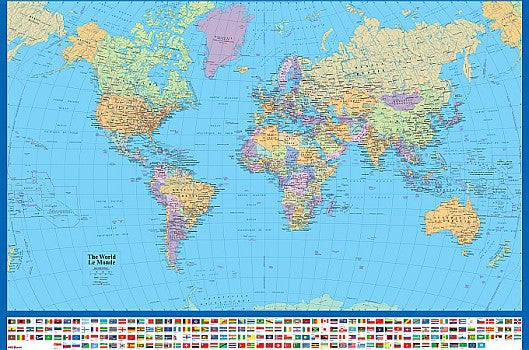 World Political WALL Map with Flags. Laminated.