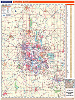 Columbus Regional WALL Map, Ohio, America.