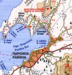 Paros Island, Road and Physical Tourist Map, Greece.