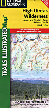 High Uintas Wilderness, Road and Recreation Map, Utah, America.