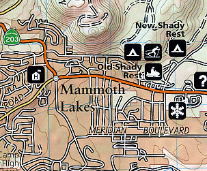 Mammoth Lakes and Mono Divide National Park, Road and Recreation Map, California, America.