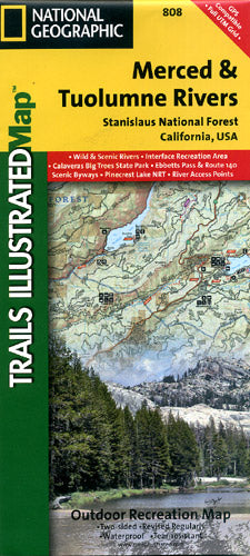 Merced and Tuolumne Rivers National Park, Road and Recreation Map, California, America.