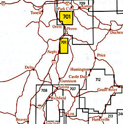 Uinta National Forest, Road and Recreation Map, Utah, America.