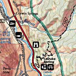 Yellowstone National Park North West (Mammoth Hot Springs), Road and Recreation Map, Wyoming, America.