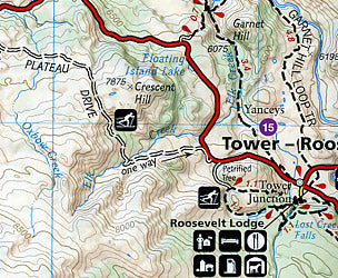 Yellowstone National Park, Road and Recreation Map, Wyoming, America.