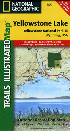 Yellowstone National Park South East (Yellowstone Lake), Road and Recreation Map, Wyoming, America.