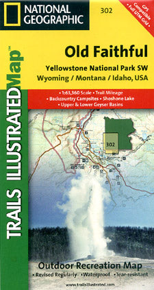 Yellowstone National Park South West (Old Faithful), Road and Recreation Map, Wyoming, America.