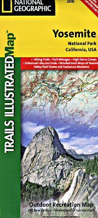 Yosemite National Park, Road and Recreation Map, California, America.