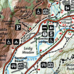 Yosemite National Park, Road and Recreation Map, California, America.