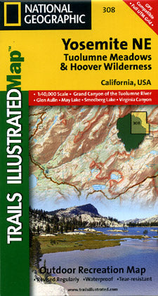 Yosemite National Park North East, Road and Recreation Map, California, America.