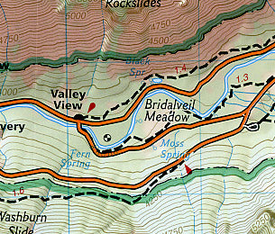 Yosemite National Park South West, Road and Recreation Map, California, America.