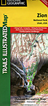 Zion National Park, Road and Recreation Map, Utah, America.