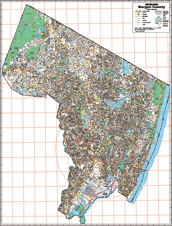 Bergen County WALL Map, New Jersey, America.