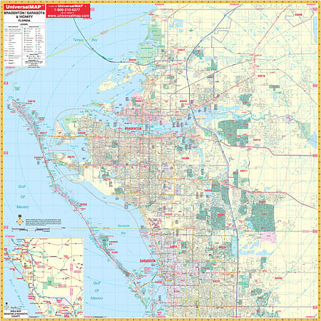 Bradenton and Manatee WALL Map, Florida, America.