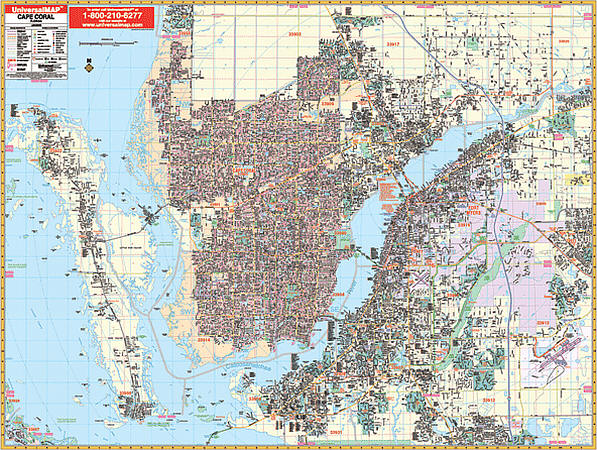 Cape Coral WALL Map, Florida, America.