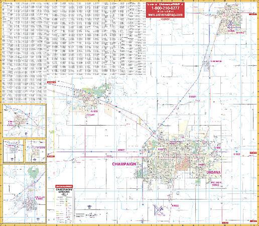 Champaign and Urbana WALL Map, Illinois, America.