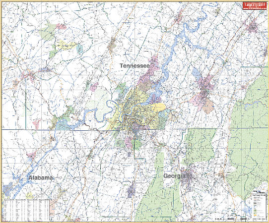 Chattanooga Vicinity County WALL Map, Tennessee, America.