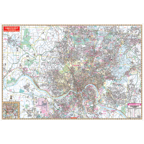 Cincinnati WALL Map, Ohio, America.