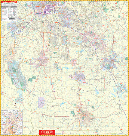 Clayton, Fayette and Spalding County WALL Map, Georgia, America.