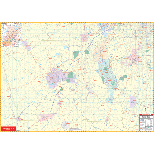 Coweta and Fayette County WALL Map, Georgia, America.