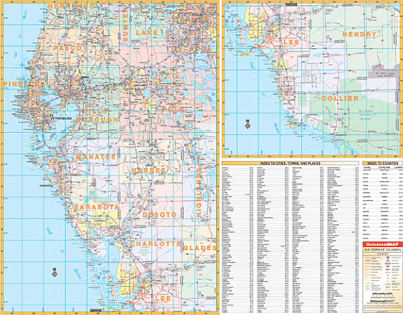 Florida Southwest WALL Map, America.