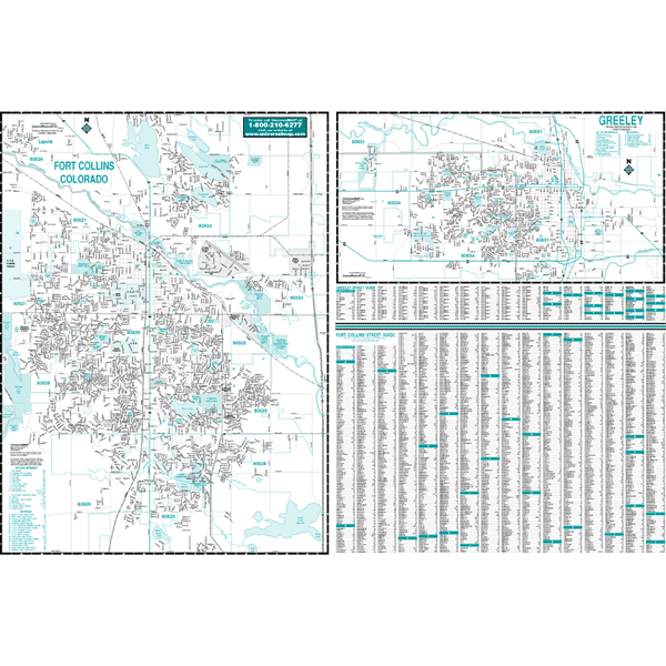 Fort Collins and Greeley WALL Map, Colorado, America.