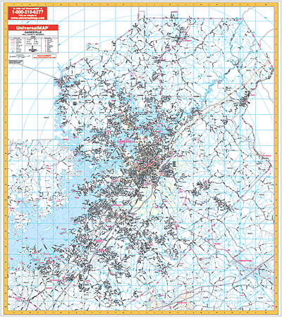 Gainesville and Hall County WALL Map, Georgia, America.