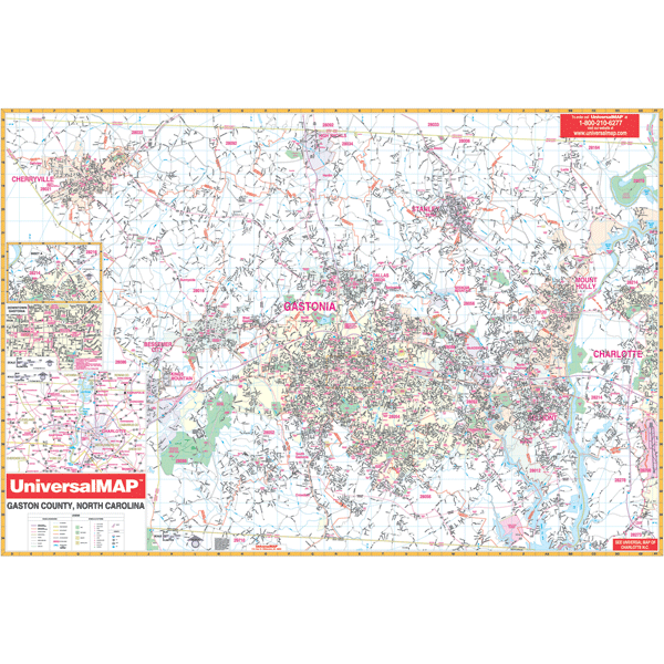 Gaston County WALL Map, North Carolina, America.