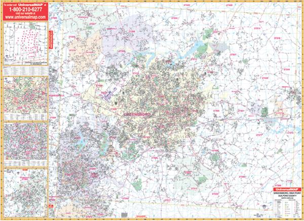 Greensboro WALL Map, North Carolina, America.