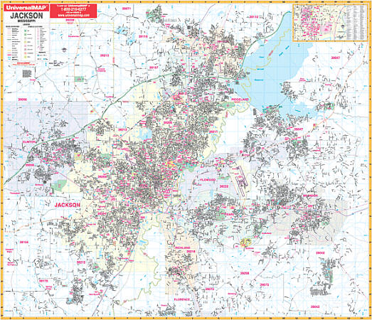 Jackson Vicinity, Mississippi, America WALL Map.