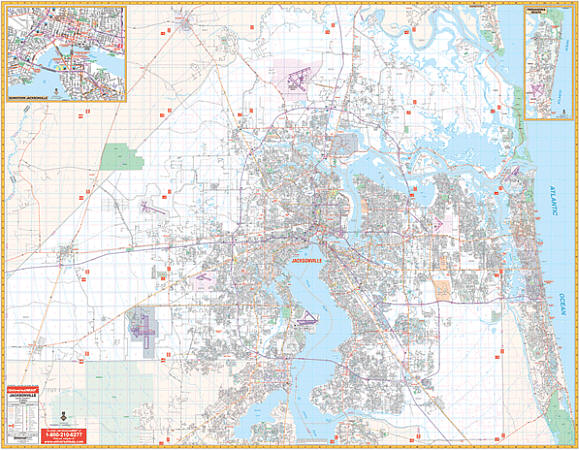 Jacksonville WALL Map, Florida, America.