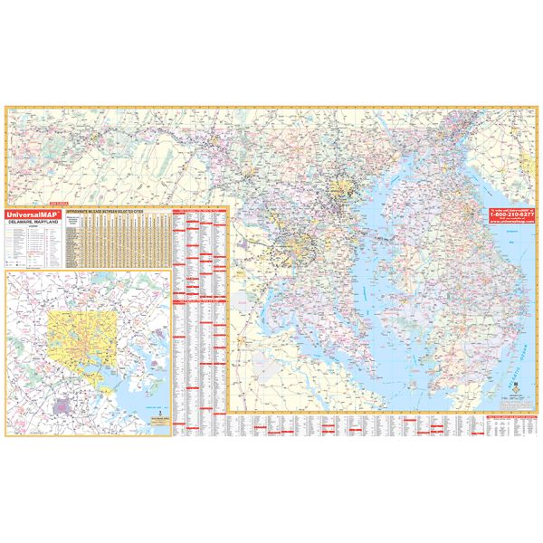 Maryland and Delaware WALL Map, America.