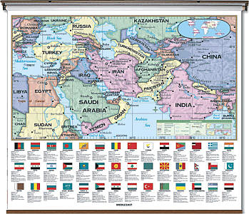 Middel East Essential "Classroom" WALL Map On Roller with Backboard.