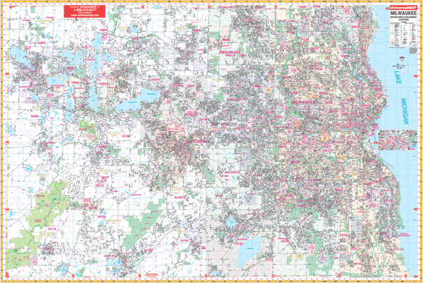 Milwaukee and Waukesha County WALL Map, Wisconsin, America.