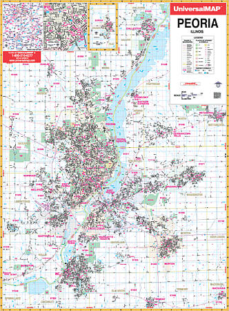 Peoria WALL Map, Illinois, America.