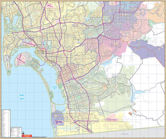 San Diego South Vicinity Wall Map, California, America.