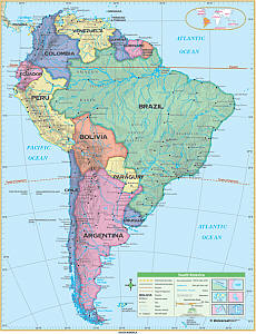 South America Essential "Classroom" WALL Map On Roller with Backboard.