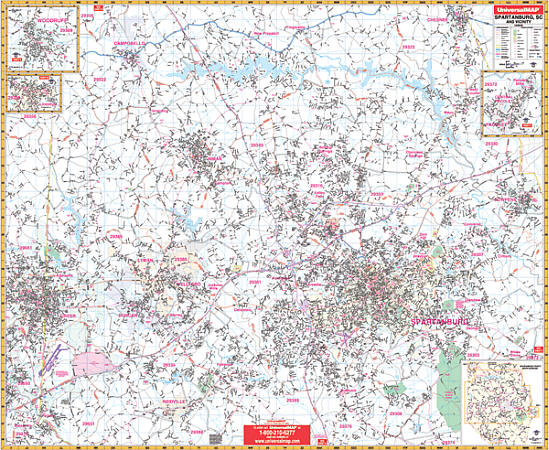 Spartanburg WALL Map, South Carolina, America.