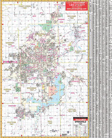 Springfield WALL Map, Illinois, America.