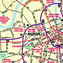 Middle Tennessee, Tourist Road Map, America.